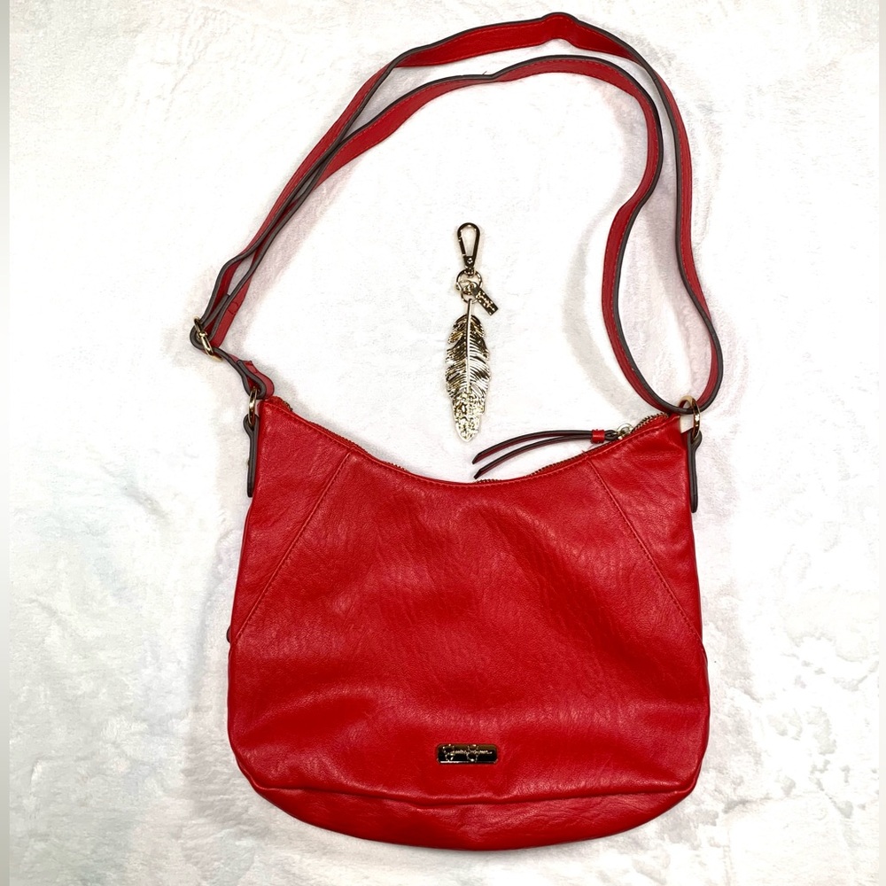 Jessica Simpson Red Leather Shoulder Bag Handbag Satchel Hobo‎ Boho Purse Gold
